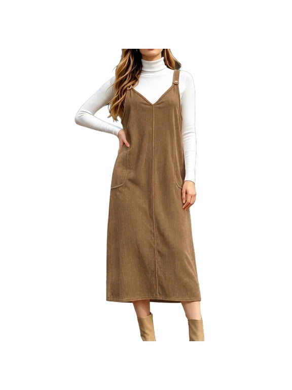 Women's Corduroy Pinafore Dress, V Neck Sleeveless Midi Dress Adjustable Strap Overall, Side Pocket Loose Fit, Solid Color Fall Winter, Layering Casual Dress