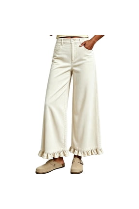 Women's Corduroy Ruffle Baggy Pants 2026 Ruffle Hem Wide Leg Pants Elastic Waist Denim Pants Boyfriend Baggy Palazzo Pants