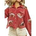 thumbnail image 1 of Women's Corduroy Shacket Jacket Football Print Long Sleeve Lapel Raw Hem Button-Up Loose Coat, 1 of 4