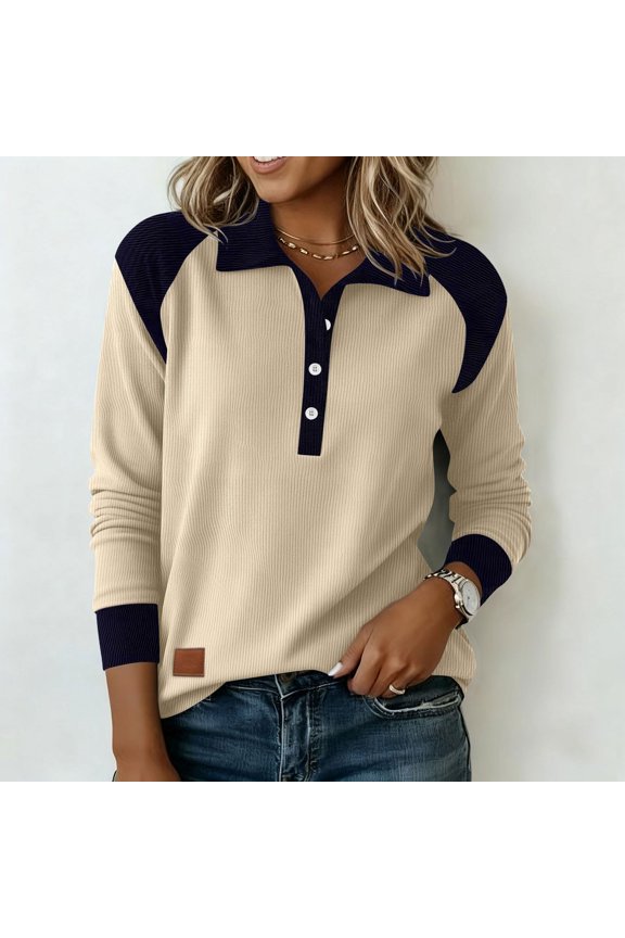 Women's Corduroy Shacket Long Sleeve Tops, V Neck Button Collar Patchwork Shirt for Women, Contrast Ribbed Cuffs Casual Spring Fall Blouse Beige L