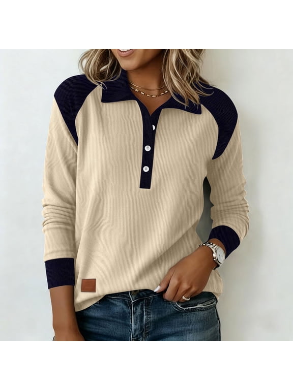 Women's Corduroy Shacket Long Sleeve Tops, V Neck Button Collar Patchwork Shirt for Women, Contrast Ribbed Cuffs Casual Spring Fall Blouse Beige M