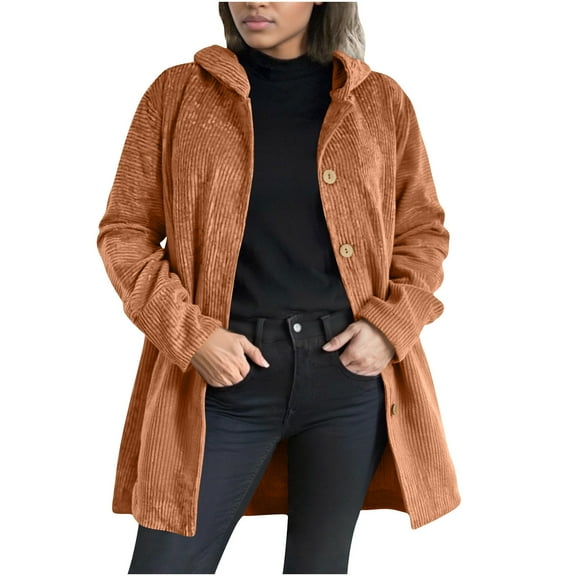 Women's Corduroy Shirt Hooded Long Sleeve Solid Color Button Down Mid Length Lightweight Jacket Brown S