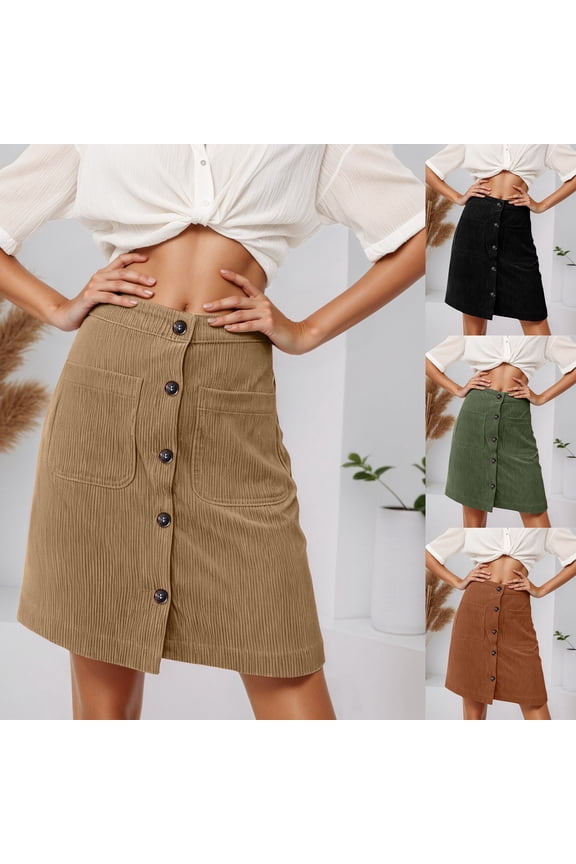 Women's Corduroy Skirt Short Mini Skirt High Waisted Button Front A Line With Pockets Green XXL