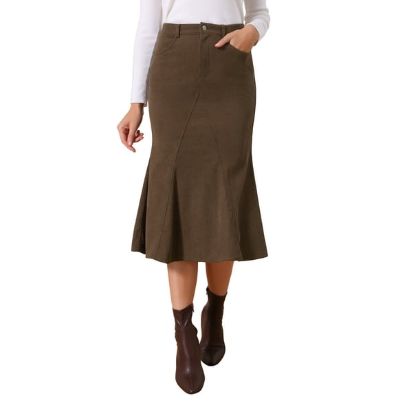 INSPIRE CHIC Women's Corduroy Skirts High Waist Stretchy Midi Mermaid Skirt with Pockets Casual Work Fall Winter 2025 M Brown
