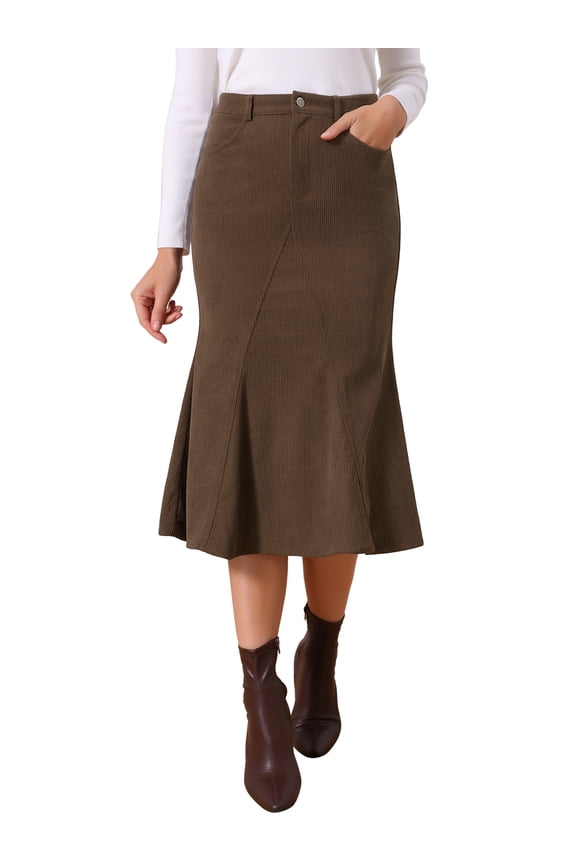 Women's Corduroy Skirts High Waist Stretchy Midi Mermaid Skirt with Pockets Casual Work Fall Winter 2025 M Brown