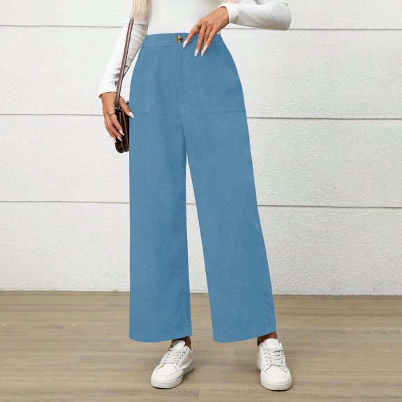 Women's Corduroy Straight Leg Pants, Button Elastic Waist Casual Trousers, Solid Color Versatile Pants, Pocket Detail Everyday Wear, Comfort Fit Corduroy Bottoms, Relaxed Fit Trousers Sky Blue