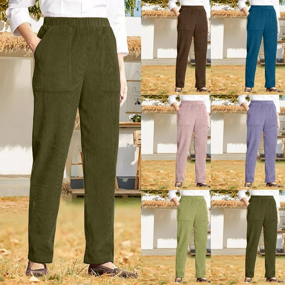 Women's Corduroy Straight Leg Pants with Elastic Waist Solid Color Striped Design Casual Trousers