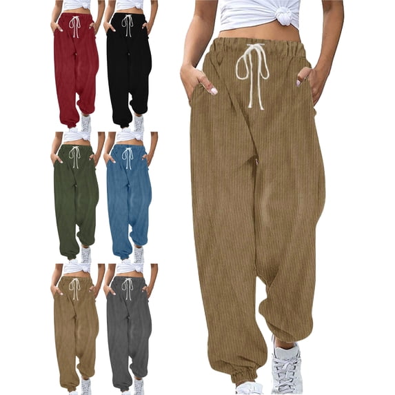 Women's Corduroy Sweatpants Elastic Drawstring Waist Loose Fit Tapered Cuffed Ankle Casual Lounge Everyday Home Outdoor Pants with Pockets