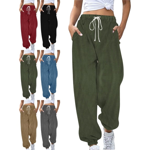 Women's Corduroy Sweatpants Elastic Drawstring Waist Loose Fit Tapered Cuffed Ankle Casual Lounge Everyday Home Outdoor Pants with Pockets