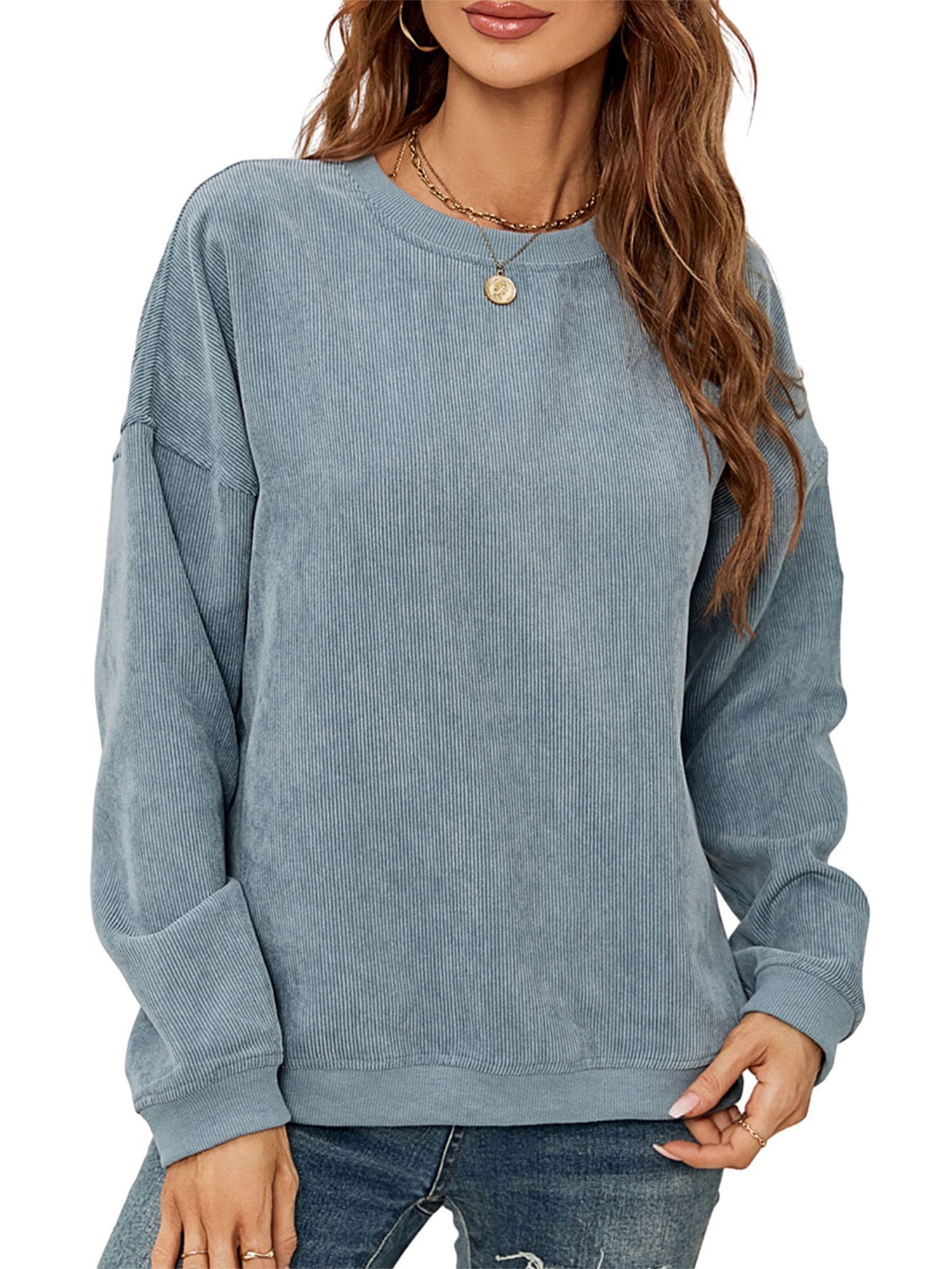 Women's Corduroy Sweatshirts Long Sleeve Solid Color Pullover Tops