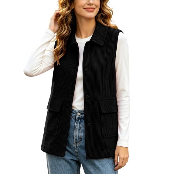 Women's Corduroy Vest Lapel Collar Button Down Sleeveless Oversized Loose Fit Casual Fall Winter Trendy Outerwear Gilet with Pockets S-XXL Black