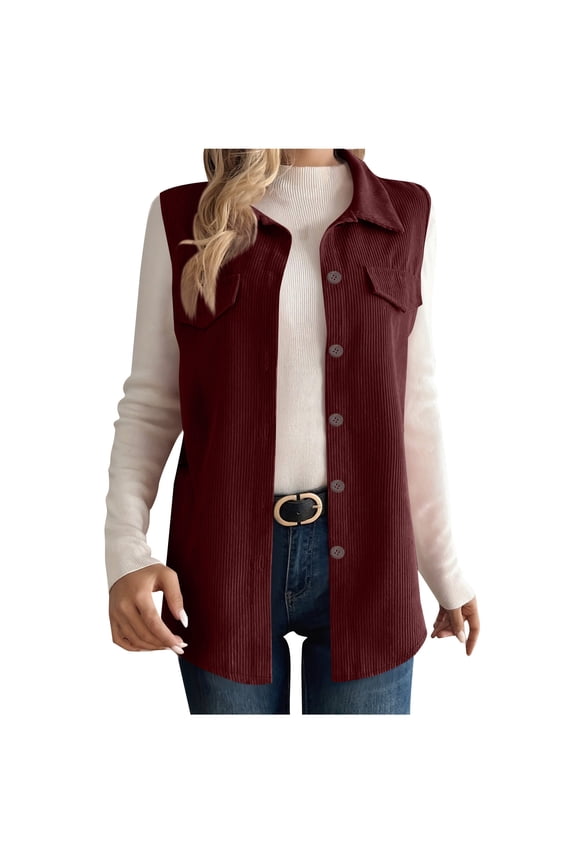 Women's Corduroy Vest Shirt Sleeveless Button Down Lapel Collar Solid Cardigan Tunic Top Wine 2XL