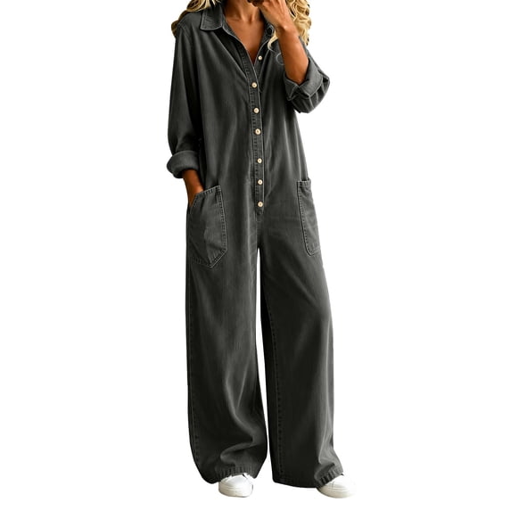 Women's Corduroy Wide Leg Jumpsuit, Long Sleeve Button Front Collared Romper with Pockets for Women, Plus Size Retro Loose Fit Spring Summer Casual Jumpsuit for Women Grey