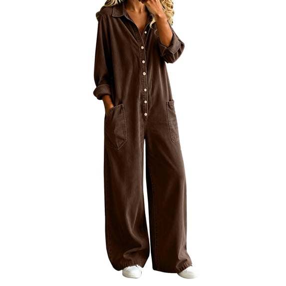 Women's Corduroy Wide Leg Jumpsuit, Long Sleeve Button Front Collared Romper with Pockets for Women, Plus Size Retro Loose Fit Spring Summer Casual Jumpsuit for Women Brown