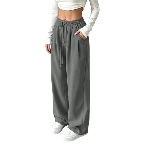 Women's Corduroy Wide Leg Long Pants Elastic Drawstring Waist with Pockets Soft Stretchy Loose Fit Casual Full Length Trousers for Fall Winter Gray