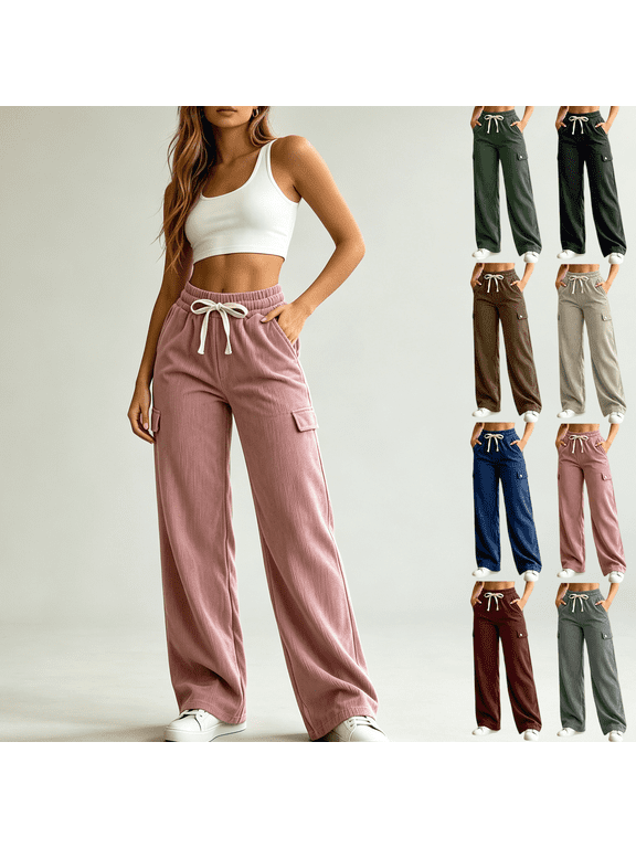 Women's Corduroy Wide Leg Pants, Elastic Drawstring High Waist Casual Loose Straight Trousers with Side Pockets Lounge Work Wear | VerBelle,Gray 3XL
