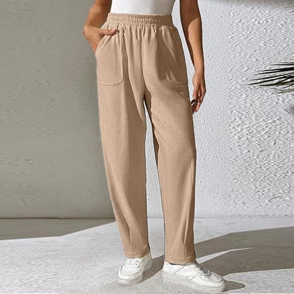 Women's Corduroy Wide Leg Pants, Elastic High Waist Pleated Trousers with Pockets, Casual Fall Winter Pants, Stylish and Comfortable,Khaki,S