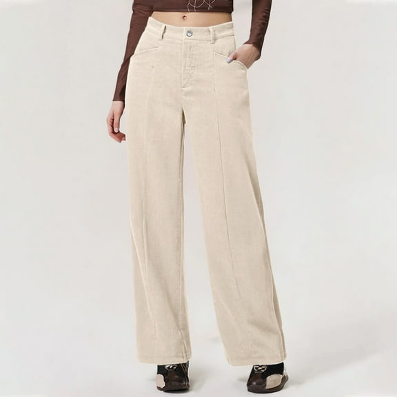 Women's Corduroy Wide Leg Pants, High Waist Straight Leg Trousers with Angled Pockets, Full Length Fall Winter Casual Retro Style Lounge Pants for 2025 Beige