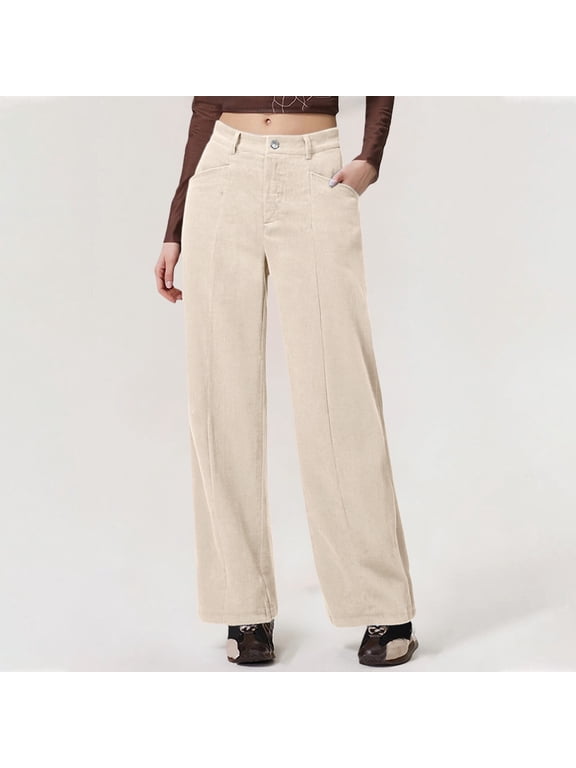 Women's Corduroy Wide Leg Pants, High Waist Straight Leg Trousers with Angled Pockets, Full Length Fall Winter Casual Retro Style Lounge Pants for 2025 Beige
