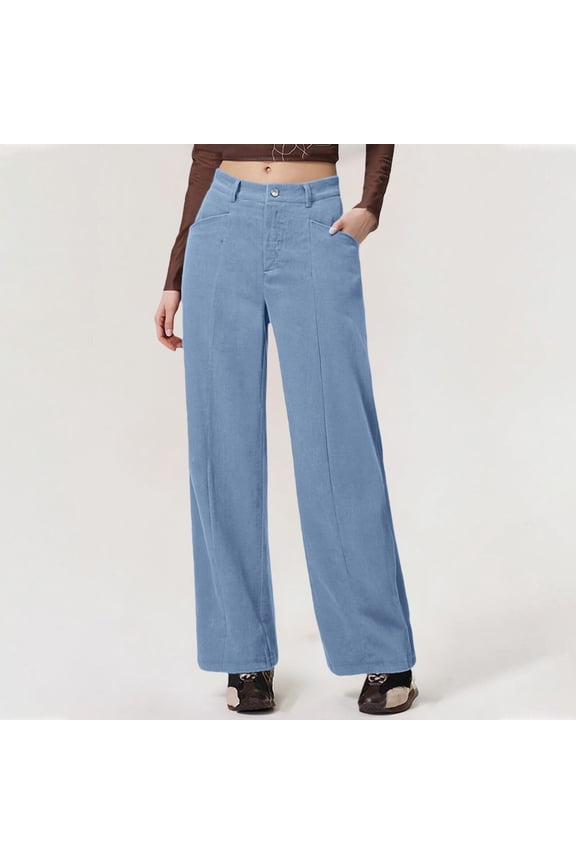 Women's Corduroy Wide Leg Pants, High Waist Straight Leg Trousers with Angled Pockets, Full Length Fall Winter Casual Retro Style Lounge Pants for 2025 Light Blue