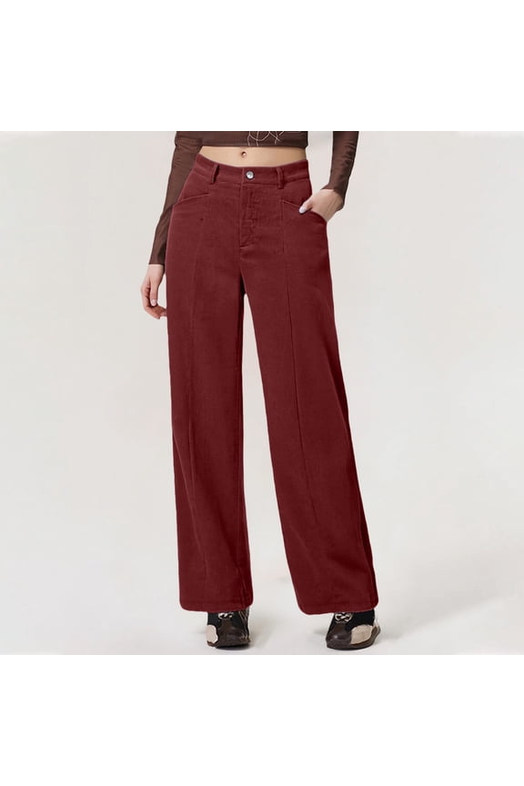 Women's Corduroy Wide Leg Pants, High Waist Straight Leg Trousers with Angled Pockets, Full Length Fall Winter Casual Retro Style Lounge Pants for 2025 Wine