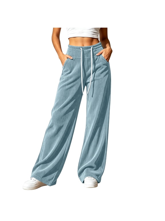 Women's Corduroy Wide Leg Pants High Waisted Drawstring Business Casual Trousers with Pockets Y2K Vintage Streetwear Fall Lounge Pants Blue