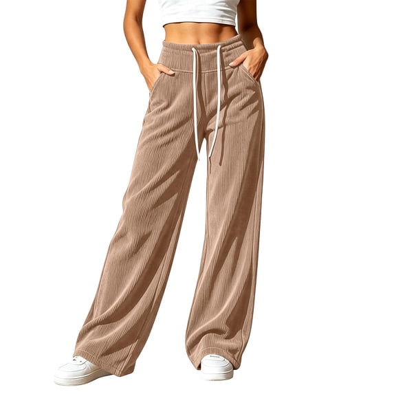 Women's Corduroy Wide Leg Pants High Waisted Drawstring Business Casual Trousers with Pockets Y2K Vintage Streetwear Fall Lounge Pants Khaki