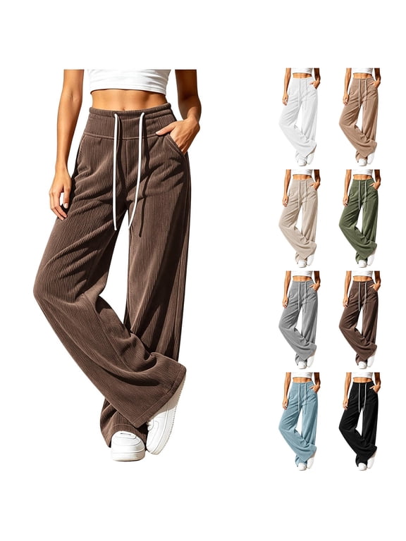 Women's Corduroy Wide Leg Pants High Waisted Drawstring Business Casual Trousers with Pockets Y2K Vintage Streetwear Fall Lounge Pants White