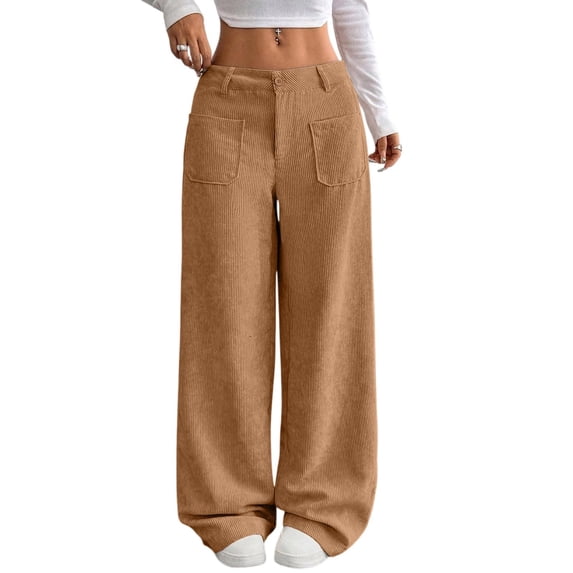 Women's Corduroy Wide Leg Pants Stretchy Waist Button Casual Loose Fit Pocket Design