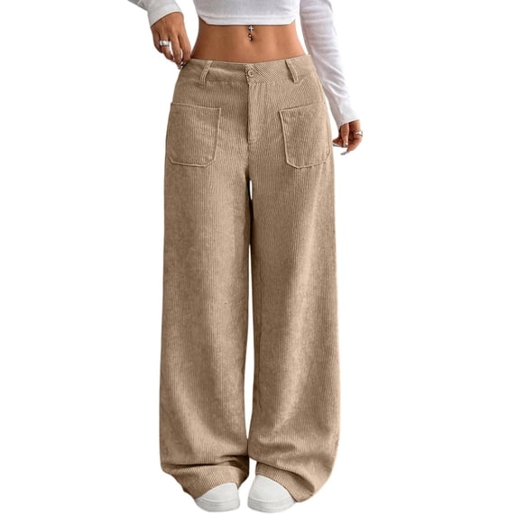 Women's Corduroy Wide Leg Pants Stretchy Waist Button Casual Loose Fit Pocket Design