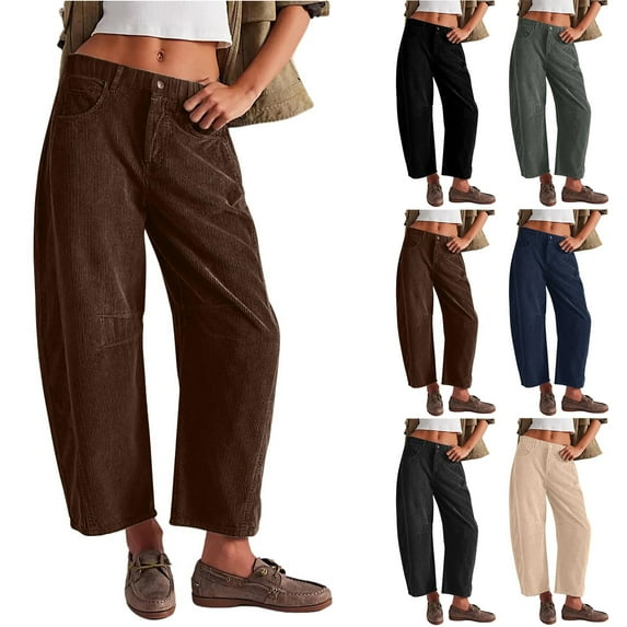 Women's Corduroy Wide Leg Pants with Elastic Waist Comfortable Barrel Leg Design Casual Trousers Featuring Pockets