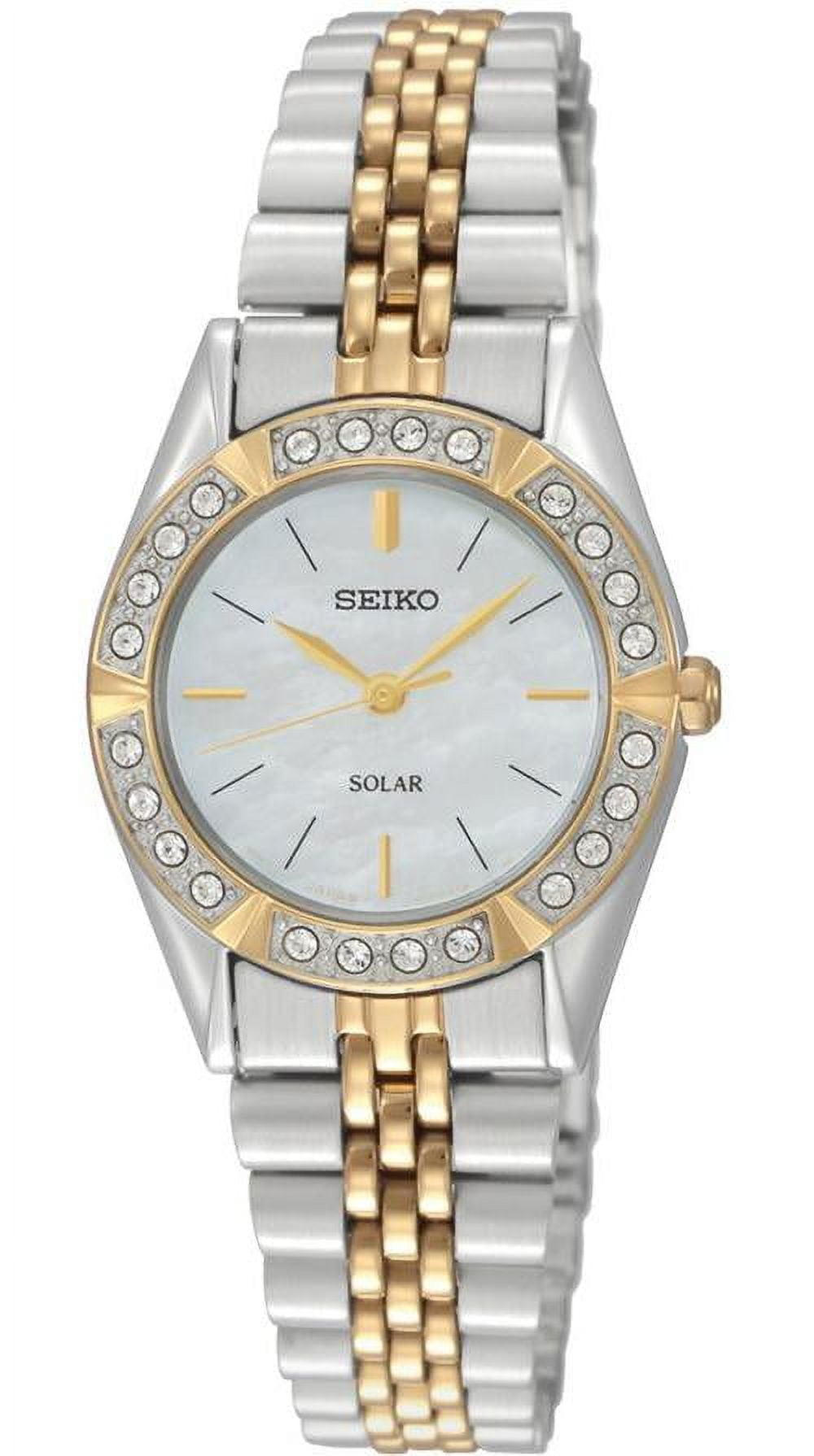 SEIKO ESSENTIALS セイコー LADIES Seiko solar MOP Dial Watch Women's Core Solar Two-Tone Steel Bracelet MOP Dial