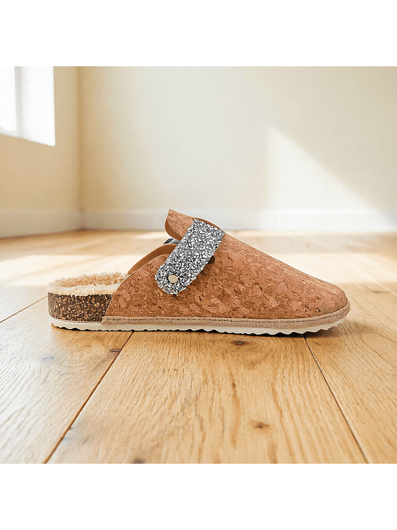 Women's Cork Closed Toe Sandals with Silver Glitter Strap, Faux Fur Lined