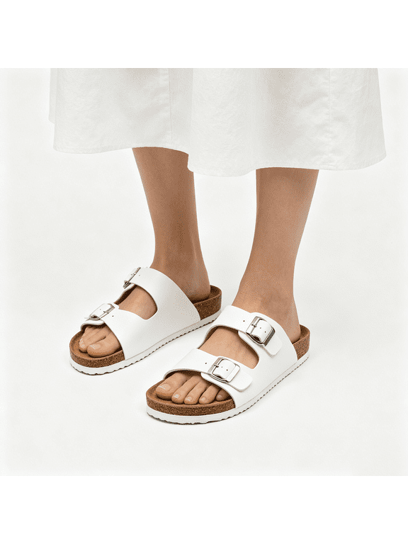 Cork Footbed Flat Sandals for Women and Men Comfortable Slide Sandals with Double Adjustable Buckles Summer Beach Sandals Casual Flats Walking Slides