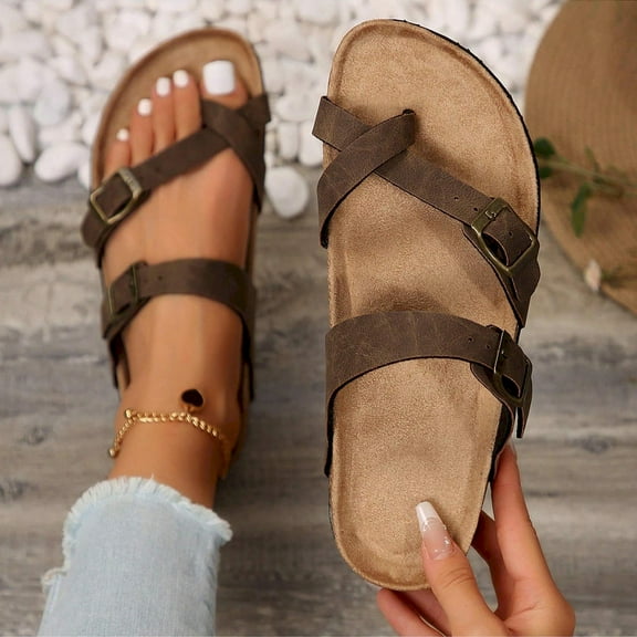 Women's Cork Footbed Sandals - Ultra-Comfortable Summer Beach-Friendly Shoes with Adjustable Buckle for Support & Style