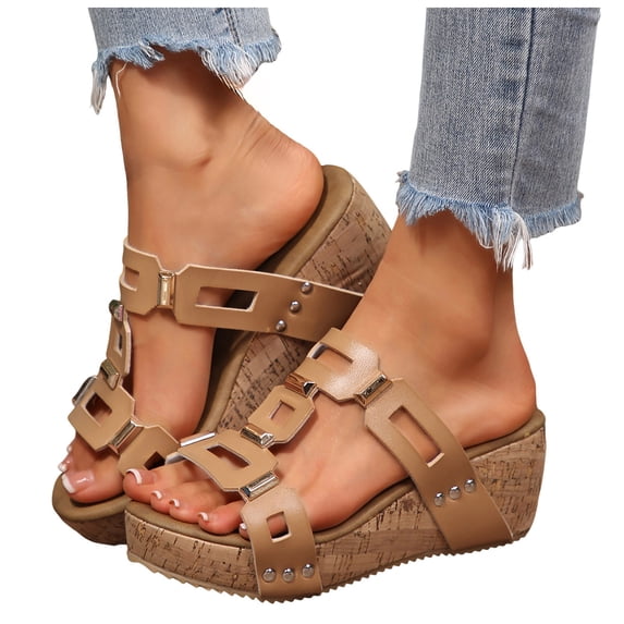 Women's Cork Wedges Platform Sandals Cut out Leather Open Toe Slip on Slides Fashionable Metal Open Toe Heeled Mules Khaki Size 7.5