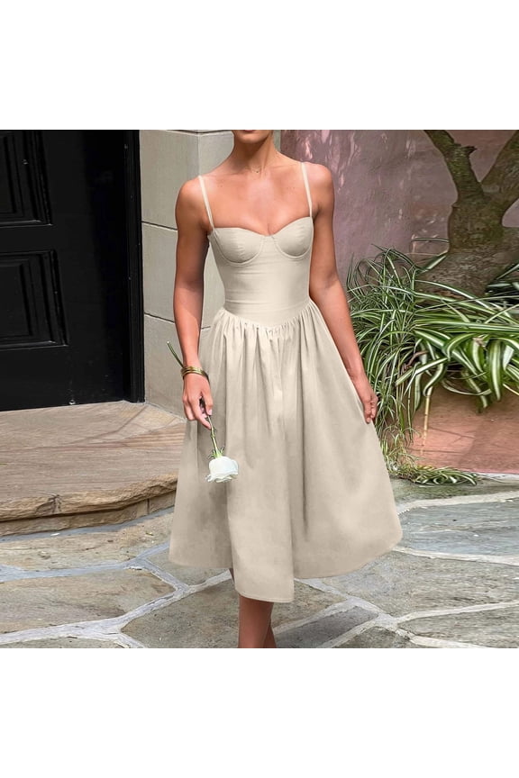 Women's Corset Bustier Midi Dress Flowy Pleated Hem Strap Casual Summer Elegant Comfortable Stretchy Fashion