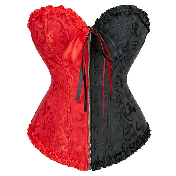 Women's Corset Bustier Top Lace up Vintage Floral Print Corset Red and Black Overbust Corset 2XL