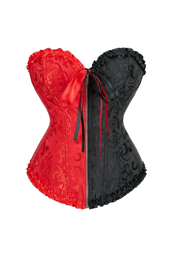 Women's Corset Bustier Top Lace up Vintage Floral Print Corset Red and Black Overbust Corset 2XL
