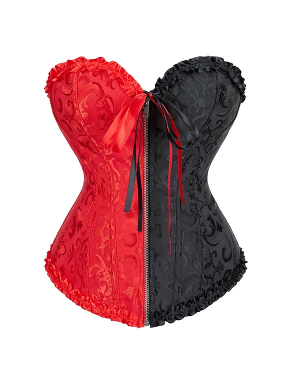 Women's Corset Bustier Top Lace up Vintage Floral Print Corset Red and Black Overbust Corset L
