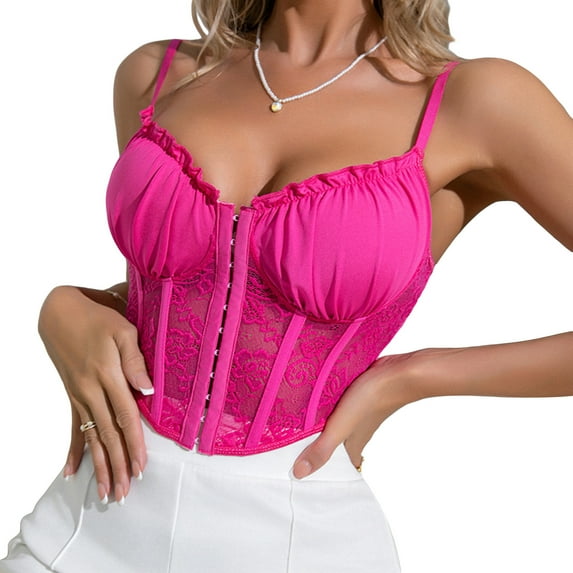 Women's Corset Crop Tops Sleeveless Spaghetti Strap Hook and Lace Bustier Tops