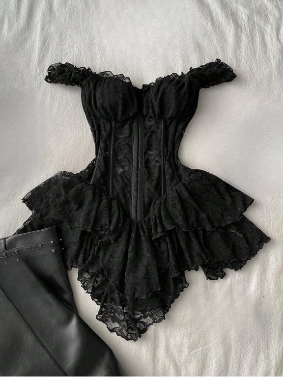 Women's Corset Mini Dress Off Shoulder Bodycon Fitted Asymmetric Ruffle Hem Short Dress Sexy Goth Chic Style for Night Out Party Clubwear & Going Out
