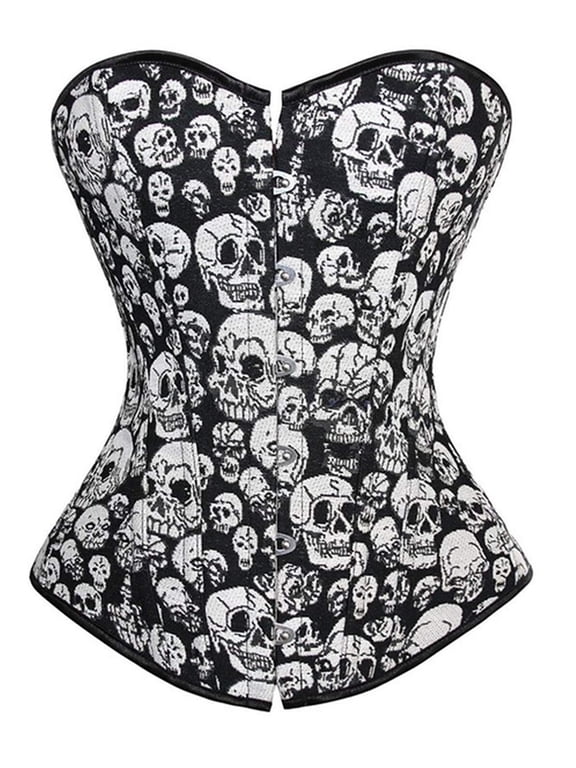 Women's Corset Overbust Bustier Top Skull Basque Gothic Showgirl Costumes Plus Size Black XL