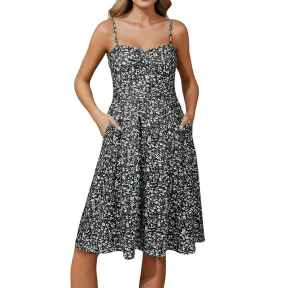 Women's Corset Summer Casual Dresses Spaghetti Strap Knee Length Sleeveless Swing Aline Sundress with Pockets Black S