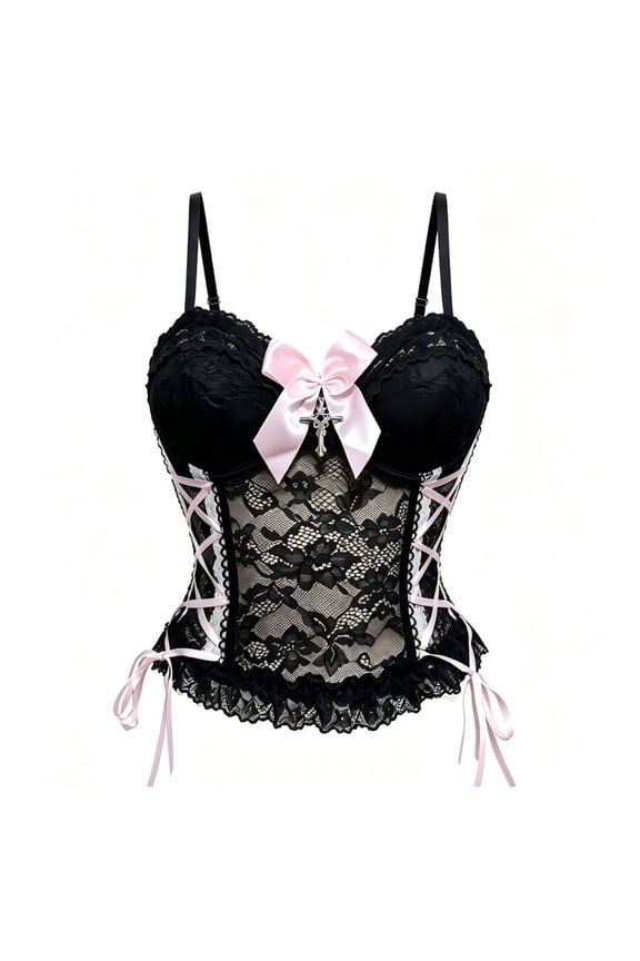 Women's Corset Tops Strap Lace Camisole Torso Shapewear Bustier Bodysuit with High Elastic Back Support, Black Size M