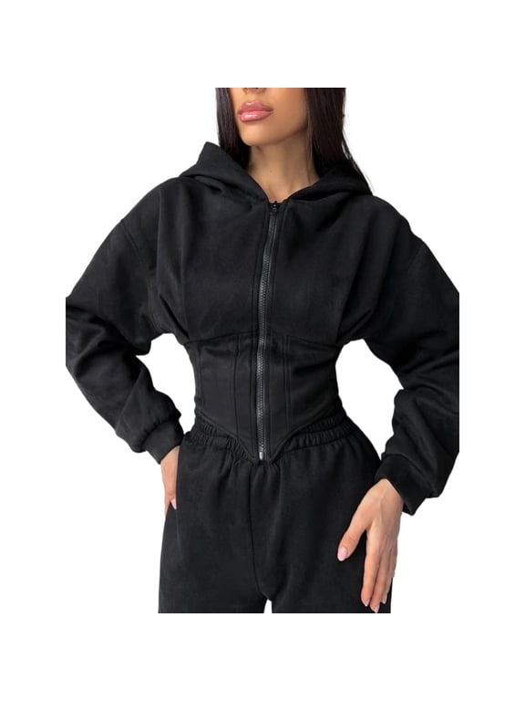 Women’s Corset-Waist Hoodie Sweat Set, Zip Up Hooded Top and High Waist Jogger Pants, Casual Athletic Two-Piece Outfit for Lounge, Travel, Streetwear, Comfortable Fit