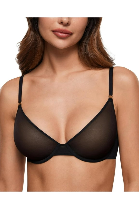 Women's Cosnufy Sheer Balconette Bra Demi Unlined Plunge Mesh See Through Sexy Bras Underwire
