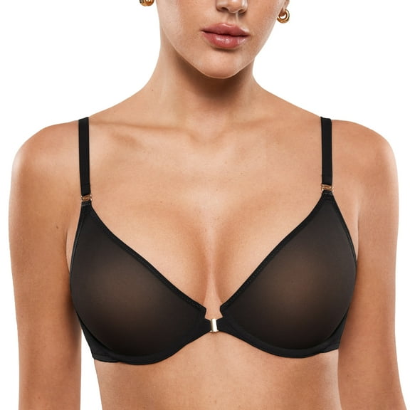 Women's Cosnufy Sheer Front Closure Bra Demi Sexy Seamless Unlined Mesh Underwire Bra