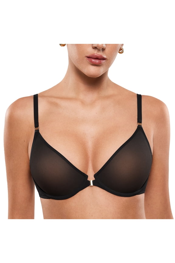 Women's Cosnufy Sheer Front Closure Bra Demi Sexy Seamless Unlined Mesh Underwire Bra