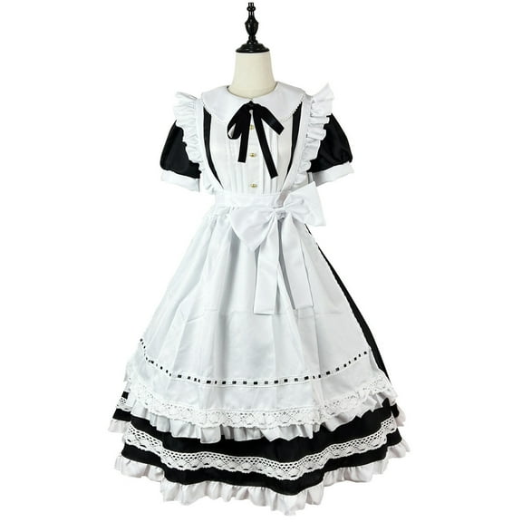 Women's Costume Plus Size French Apron Maid Cute Fancy Knee-Length Dress Maxi Uniform Traditional Lace Bow Short Sleeved Round Neck Flowy Dresses White qILAKOG Size XXXL